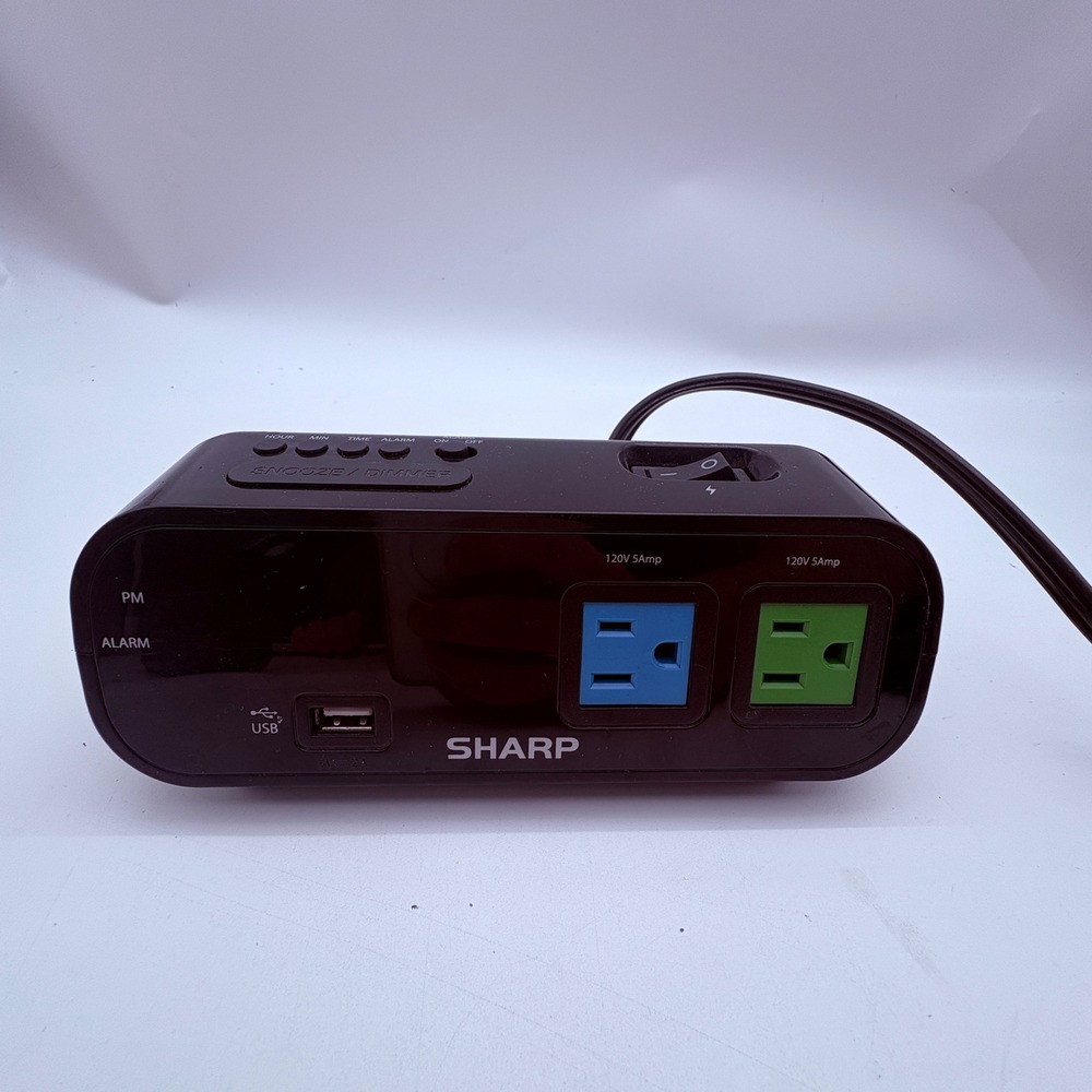 Sharp SPC137 LED Alarm Clock with 2 AC Outlets and USB Charging Port Black